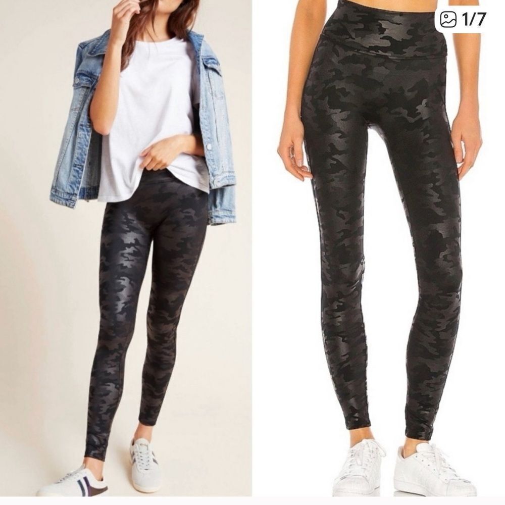 SPANX Black Faux Leather Camouflage Leggings Size Small